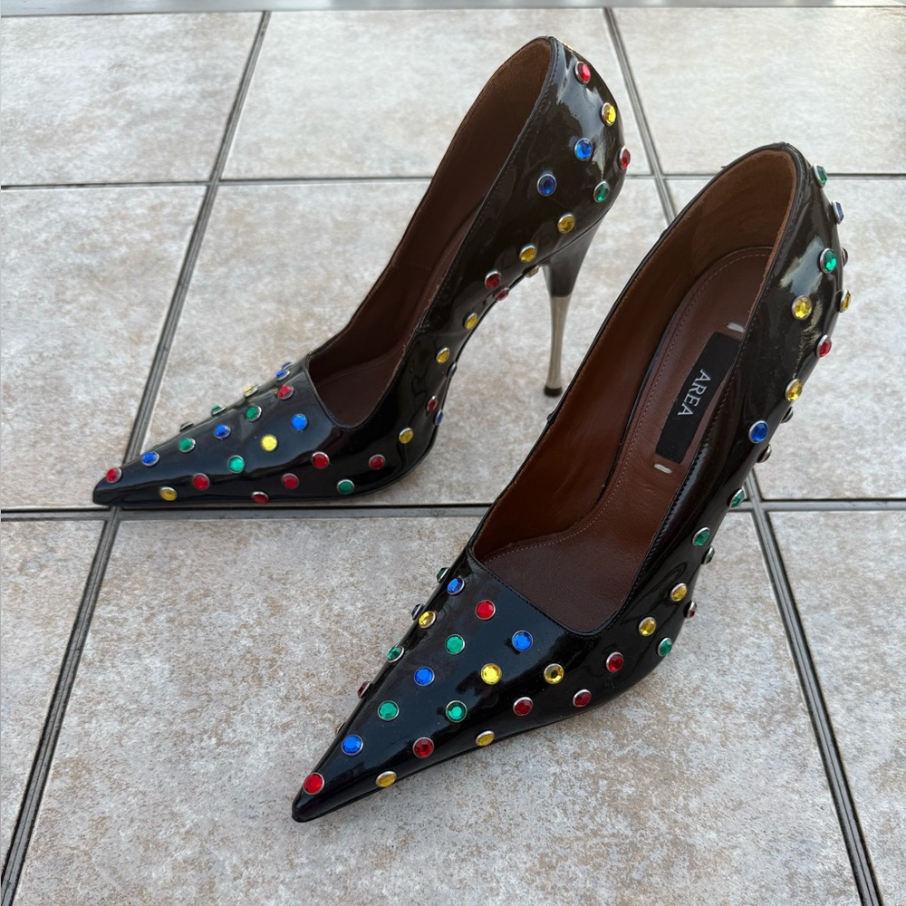 AREA Black Patent Leather Clear Jeweled Pointed Toe Pumps - Picture 5 of 16